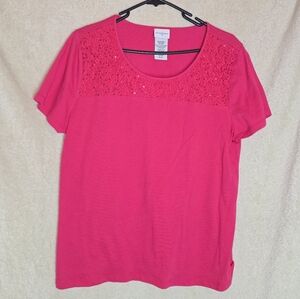 Jaclyn Smith Pink Knit Top Distinctive Lace Yoke & Sequin Embellishments Size XL